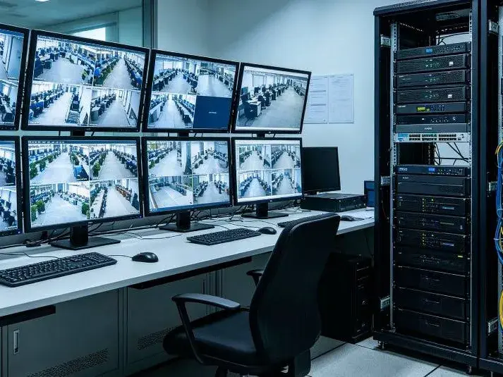 Salle de supervision vidéo avec plusieurs écrans de surveillance