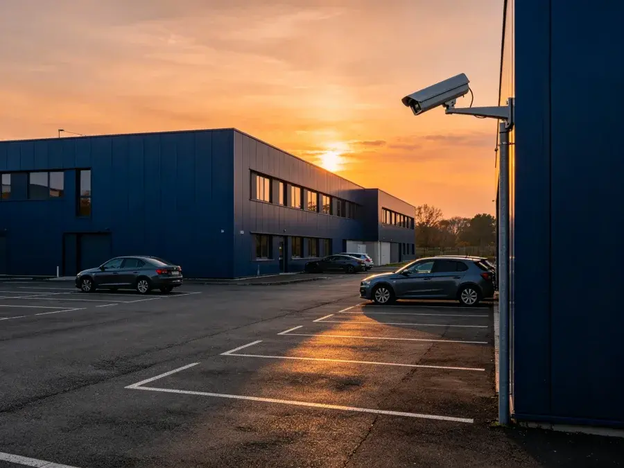 Caméra de vidéosurveillance extérieure fixée sur la façade d'un bâtiment, au coucher du soleil