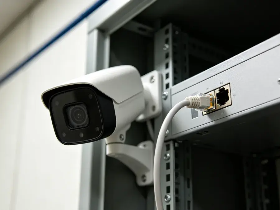 Caméra IP raccordée par câble réseau PoE à une baie de brassage