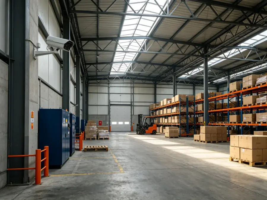 Caméra de vidéosurveillance installée dans un entrepôt logistique