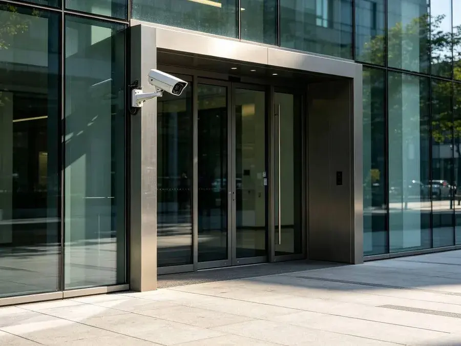 Caméra de vidéosurveillance installée à l'entrée vitrée d'un bâtiment moderne