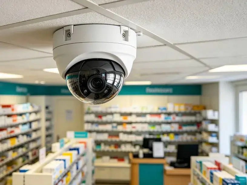 Caméra de vidéosurveillance au plafond d'un commerce