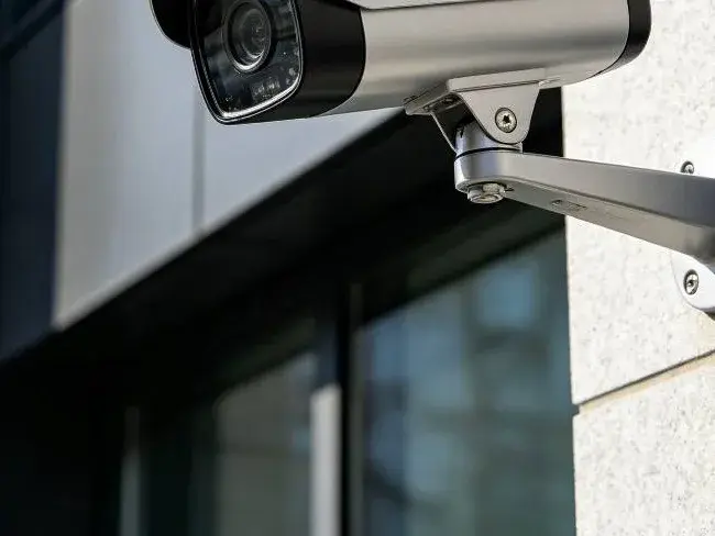 Caméra de vidéosurveillance à l'entrée d'un bâtiment d'entreprise