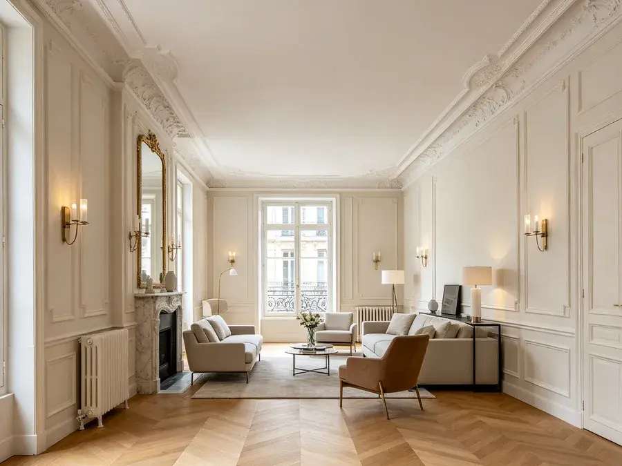 Salon rénové d'un appartement parisien, moulures et parquet à chevrons