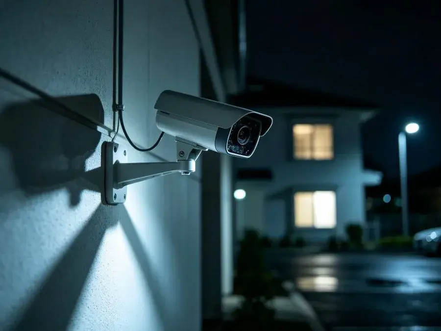Caméra de vidéosurveillance en fonctionnement de nuit devant une maison éclairée